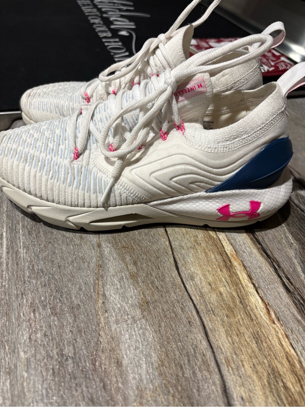 Under Armour Women’s Cream Knit Athletic Sneakers with Pink and Blue Accents
